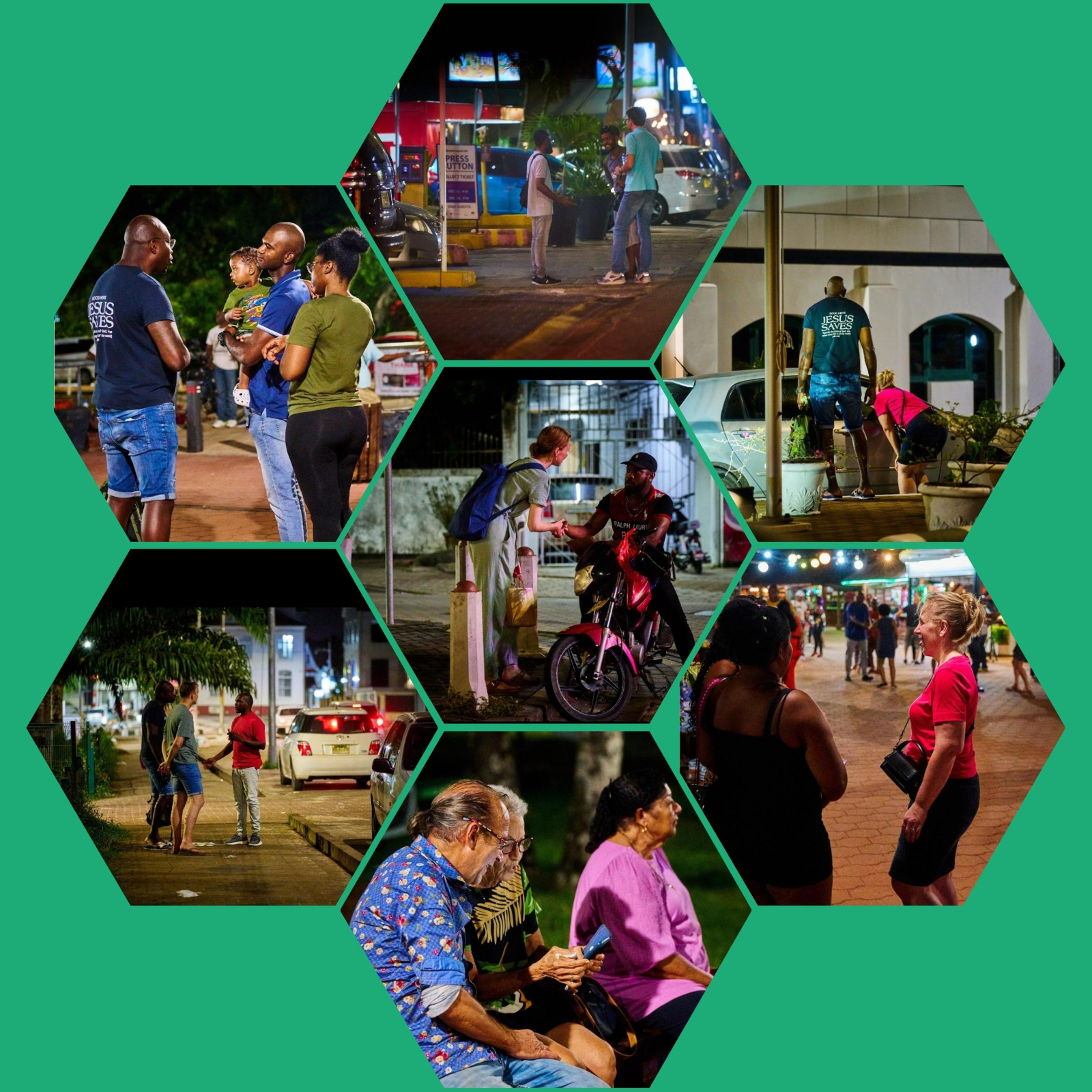 Collage van ontmoetingen op straat in Paramaribo — gesprekken, gebed en mensen in Jesus Saves shirts, in hexagonvorm samengesteld