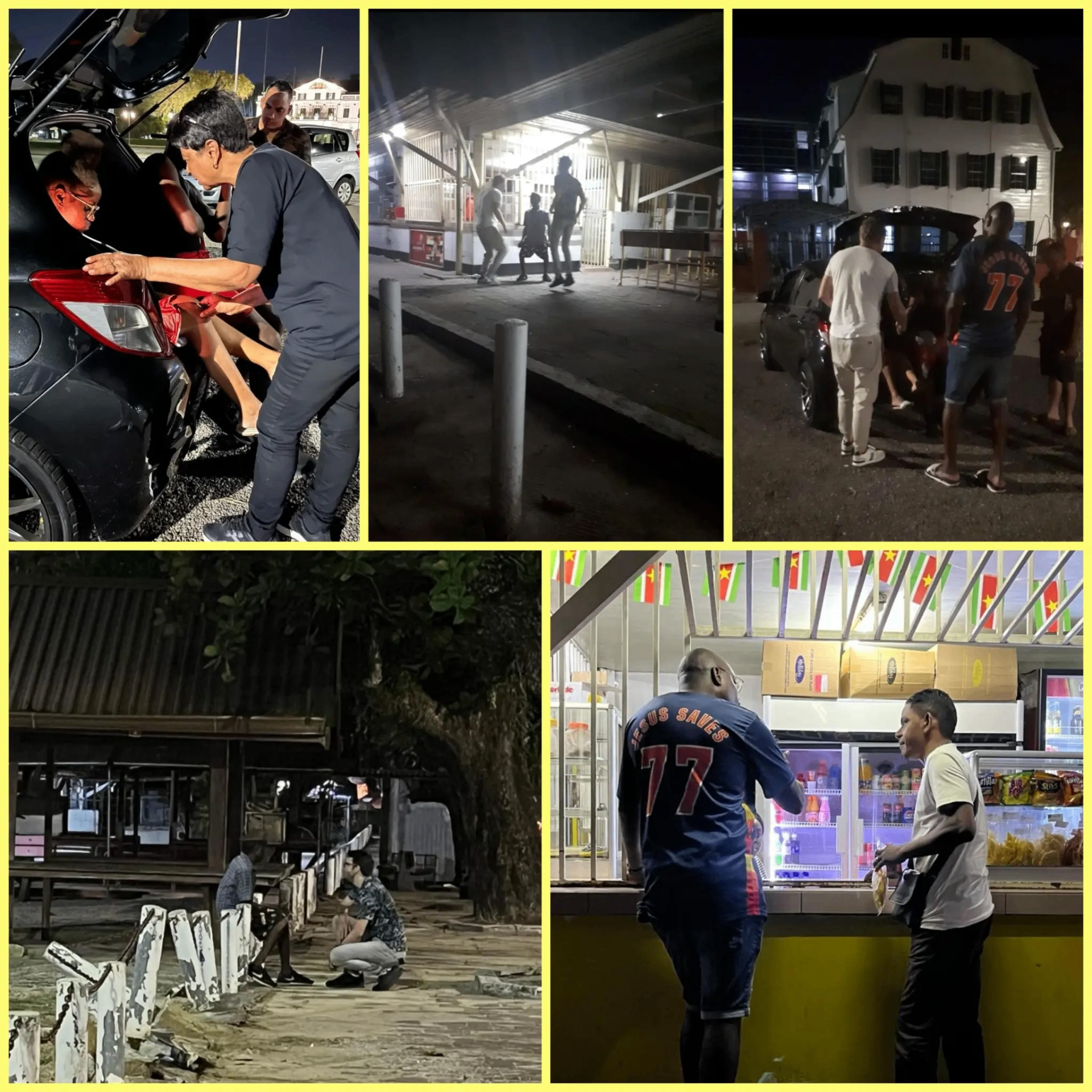 Collage van vijf foto's van avondontmoetingen in Paramaribo — mensen in gesprek, hulp op straat en een man met 'Jesus Saves' shirt bij een kraam