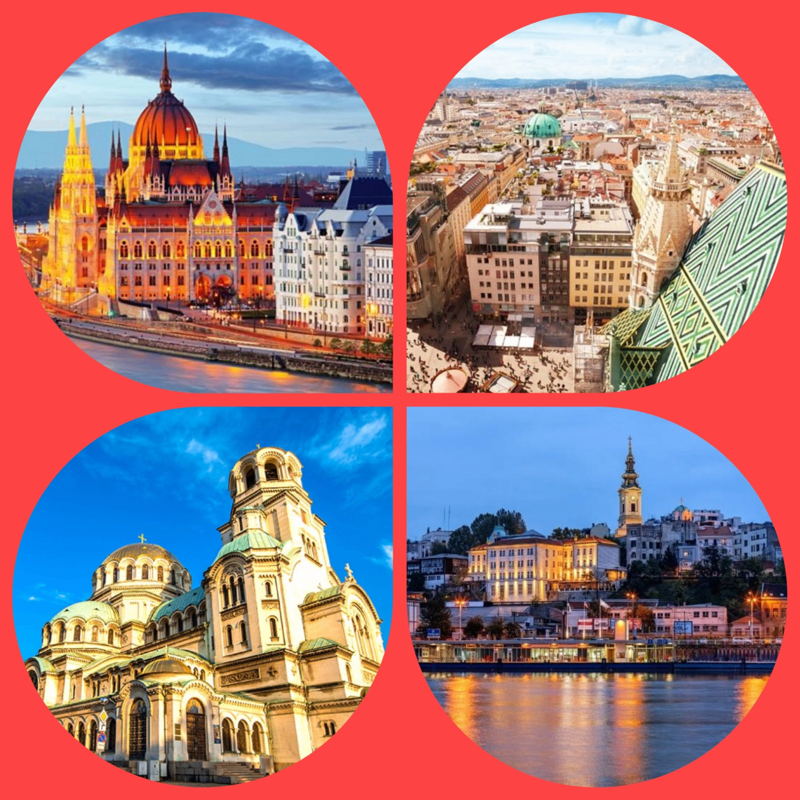 Collage van vier Europese steden: Boedapest bij avond met het verlichte parlementsgebouw aan de Donau, het uitzicht over Wenen met de groene koepel en het geglazuurde dak van de Stephansdom, de gouden Alexander Nevski-kathedraal in Sofia bij daglicht, en Belgrado in de avondschemering langs de rivier — vier ronde beelden op een rode achtergrond.